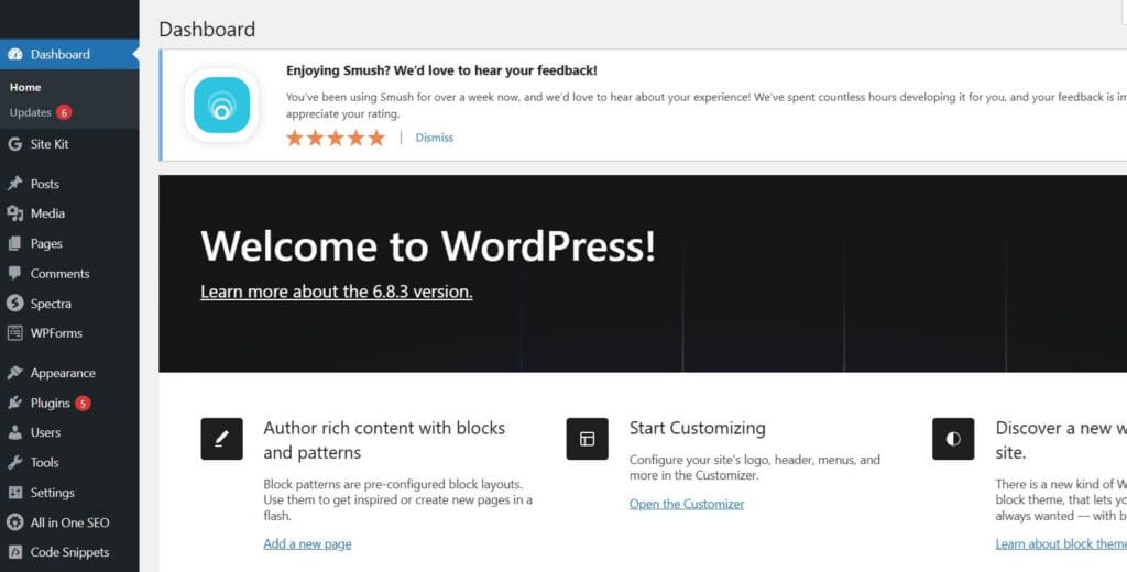 WordPress dashboard